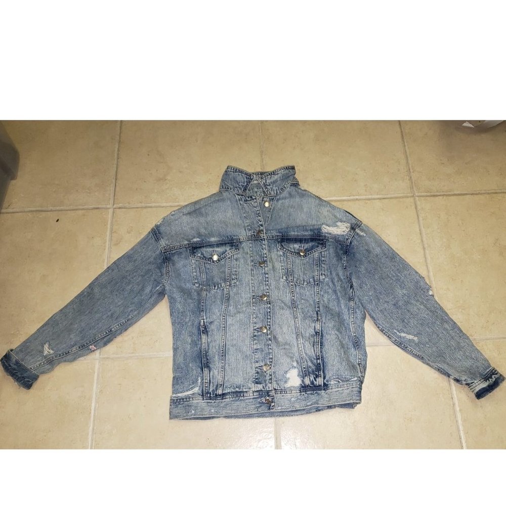 American Eagle Distressed Jean Jacket with Floral Patches on Sleeves Size S